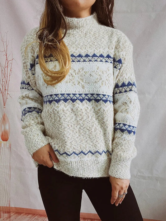 Geometric Mock Neck Dropped Shoulder Sweater Trendsi