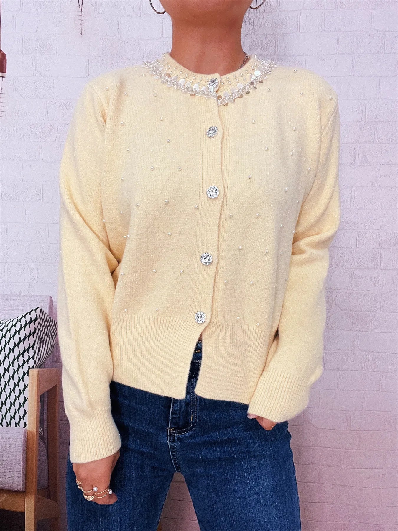 Pearl Detail Button-Front Cardigan NicholesGifts