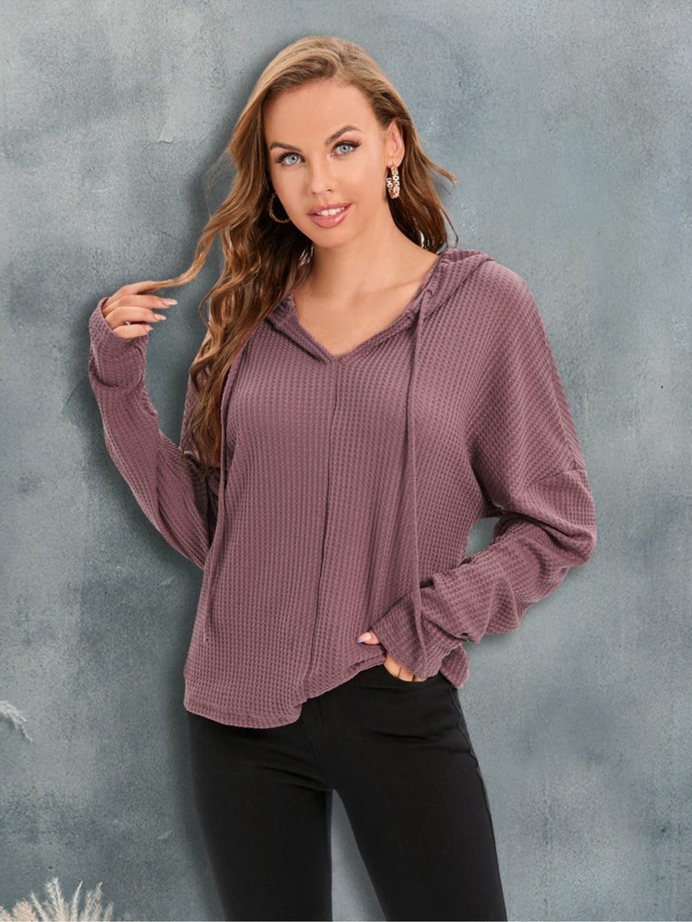Waffle-Knit Drawstring Drop Shoulder Hoodie nicholesgifts