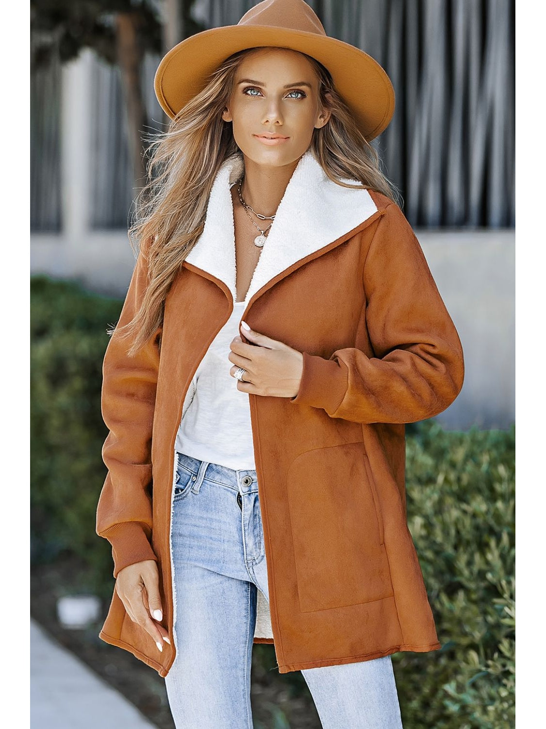 Open Front Long Sleeve Sherpa Jacket with Pockets nicholesgifts