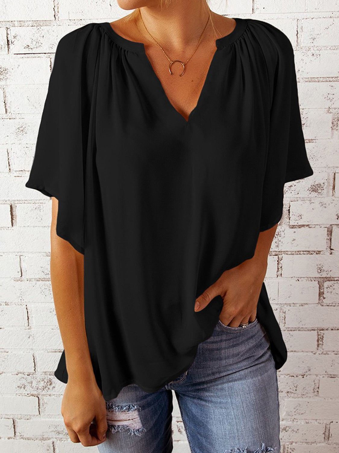 Ruched Notched Half Sleeve Blouse nicholesgifts