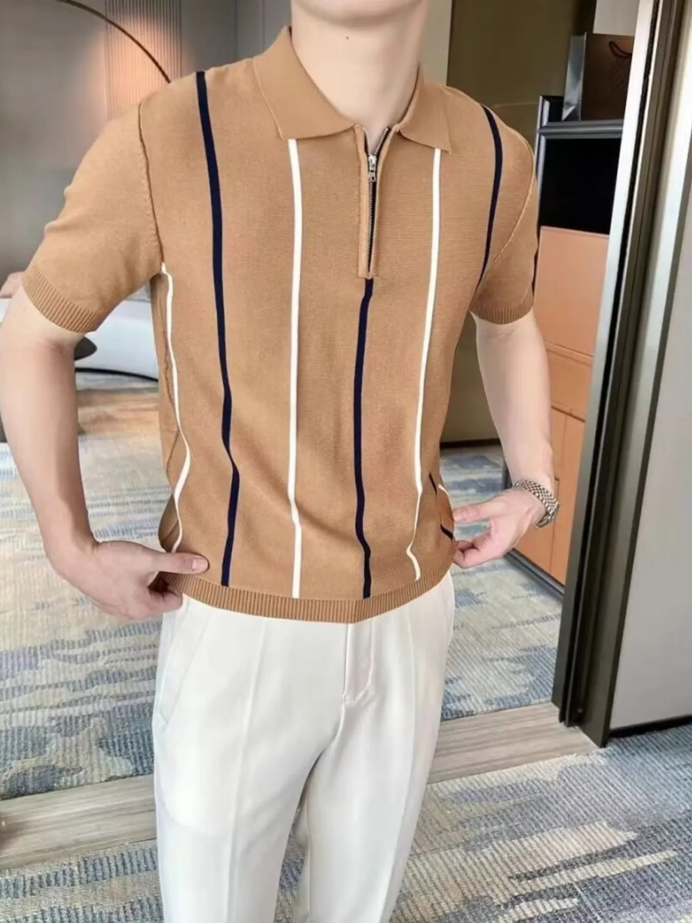 Men's Full Size Striped Zip Collar Short Sleeve Knit Polo Shirt Plus Size NicholesGifts