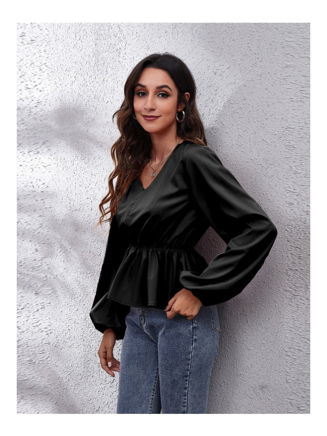 Women V-Neck Balloon Sleeve Peplum Blouse nicholesgifts