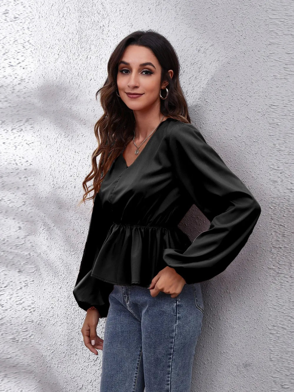 V-Neck Balloon Sleeve Peplum Blouse nicholesgifts