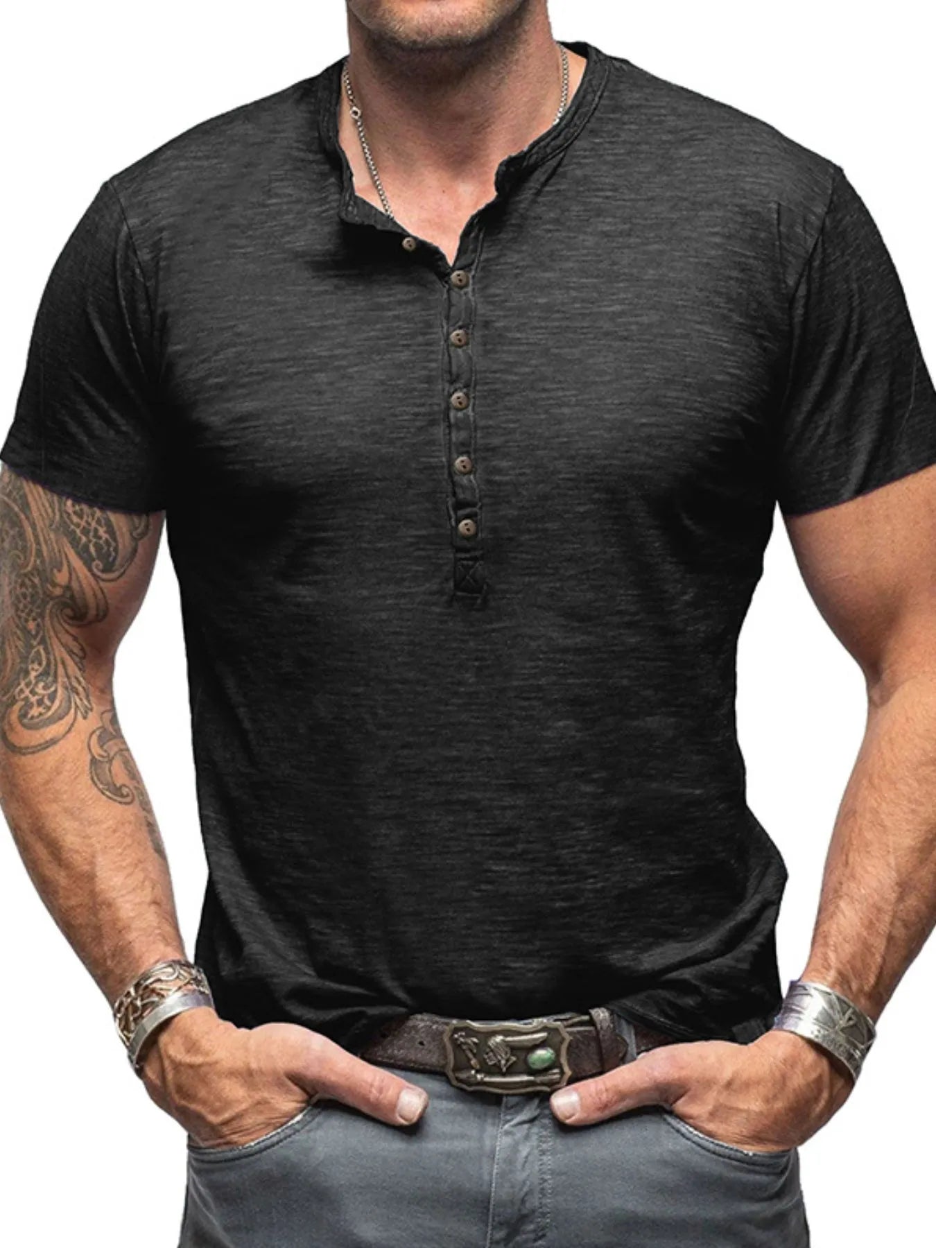 Men's Casual Henley Short Sleeve Button Top NicholesGifts