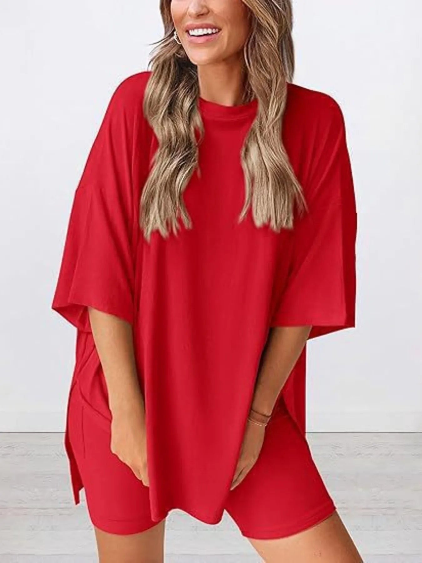 Full Size Oversized Slit Round Neck Top and Shorts Lounge Set Plus Size nicholesgifts