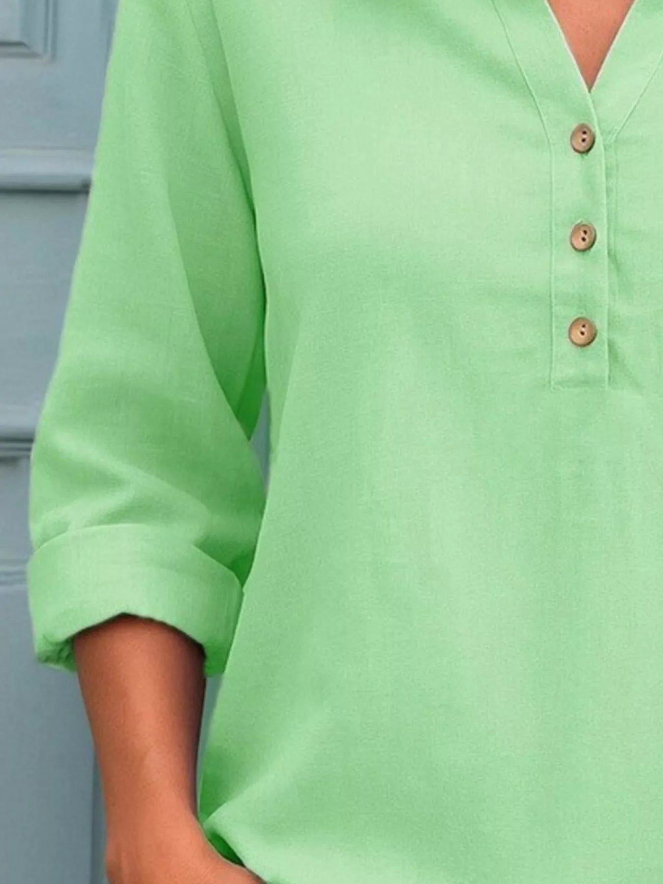 Full Size Button Detail Notched Long Sleeve Blouse Plus Size Trendsi
