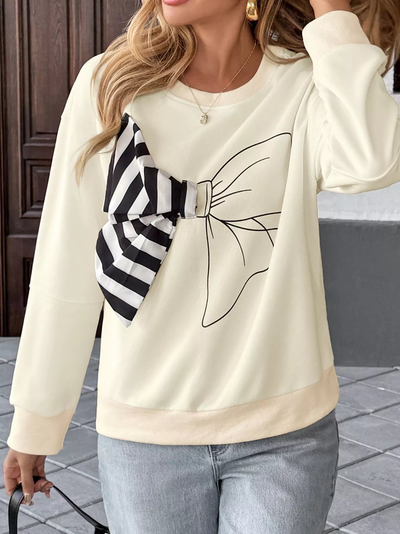 Bow Round Neck Dropped Shoulder Sweatshirt nicholesgifts