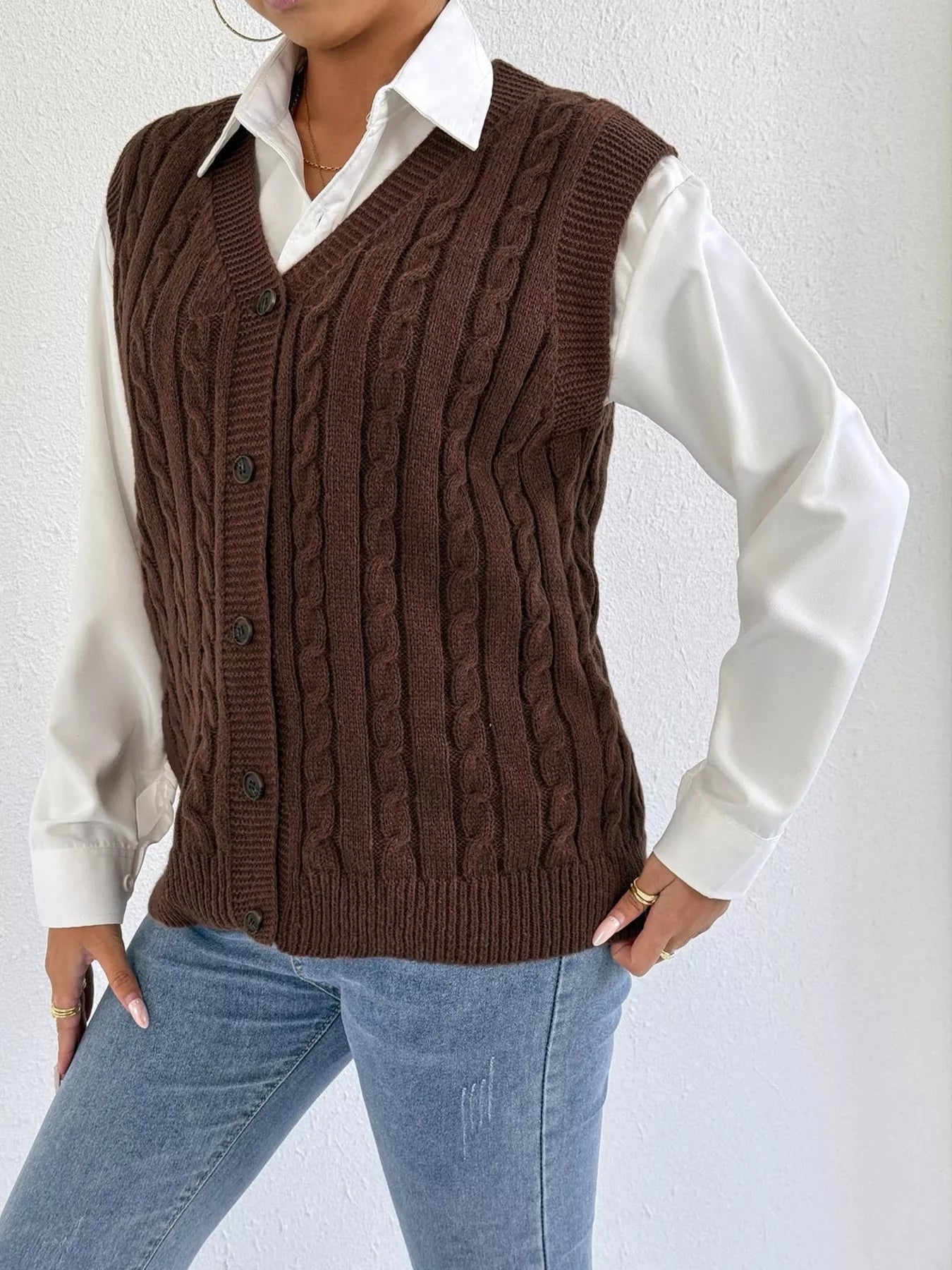 Cable-Knit Button-Up Sweater Vest nicholesgifts
