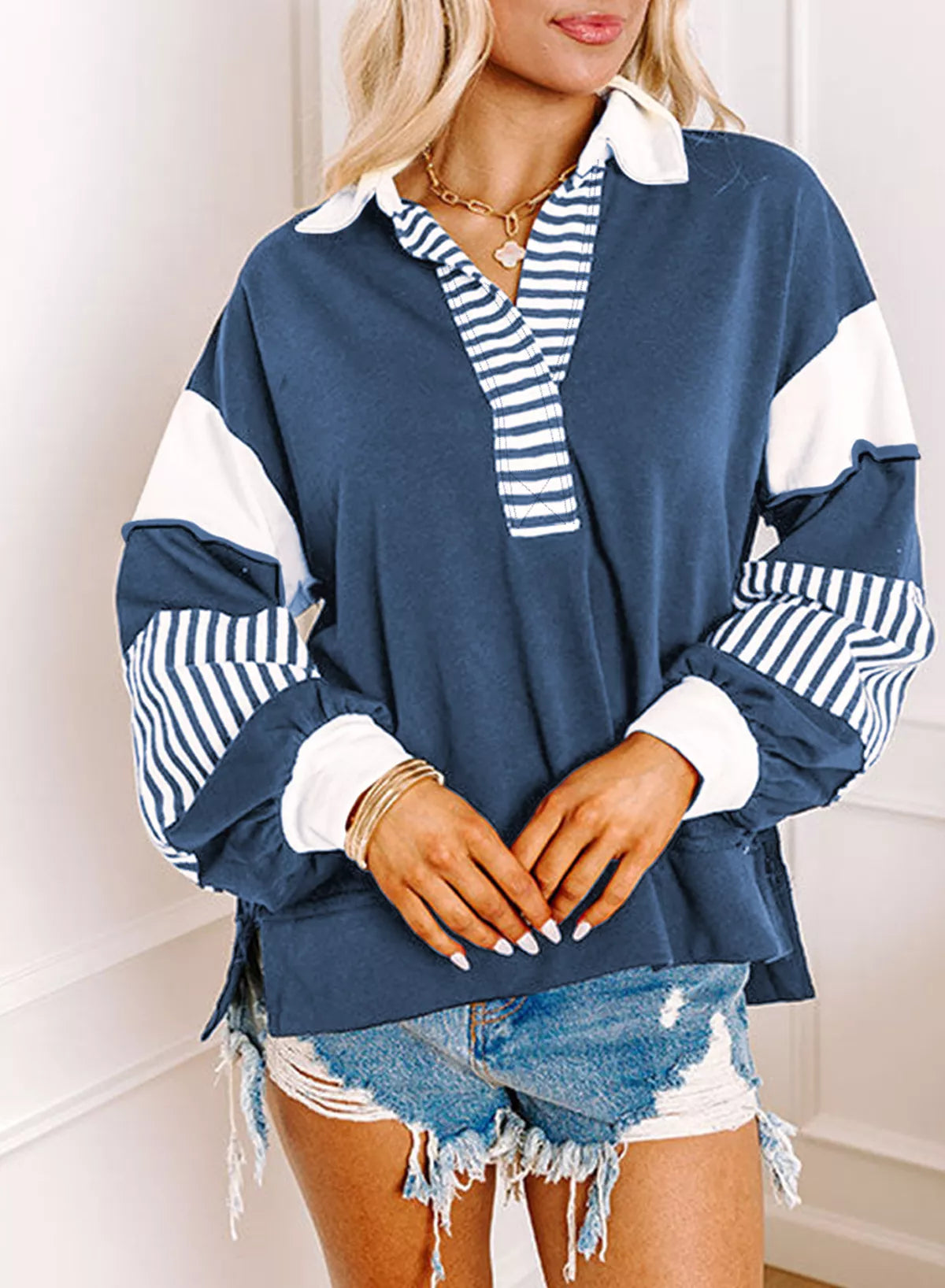Color Block Striped Johnny Collar Sweatshirt nicholesgifts