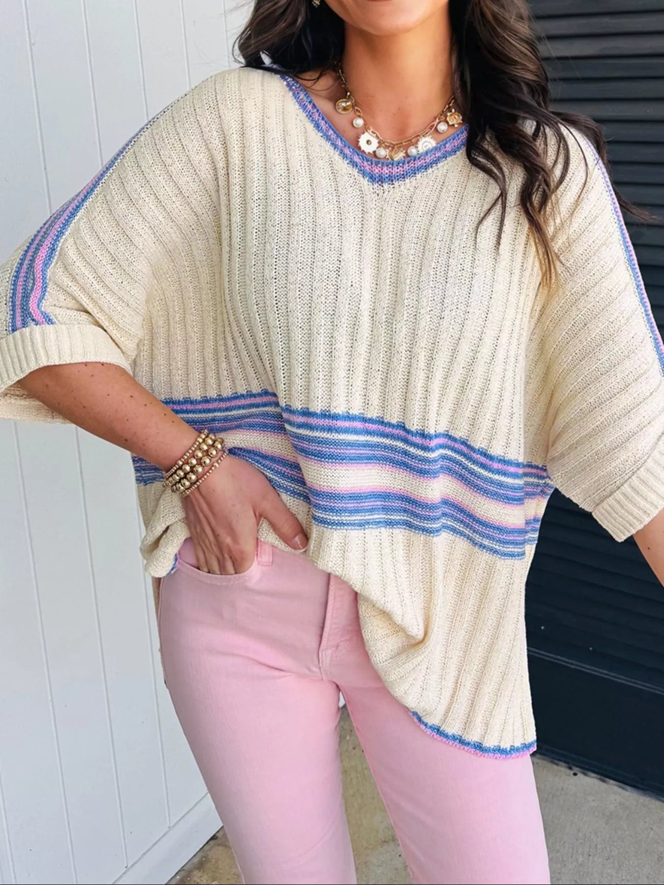 Striped V Neck Dolman Sleeve Rib Knit Oversized Sweater with Slits Trendsi