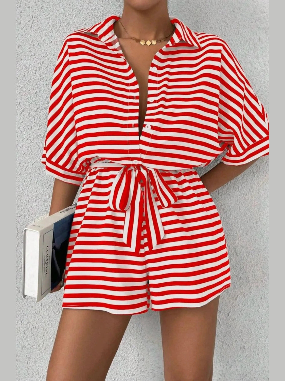 Striped Collared Neck Tie Waist Romper nicholesgifts