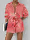 Striped Collared Neck Tie Waist Romper nicholesgifts