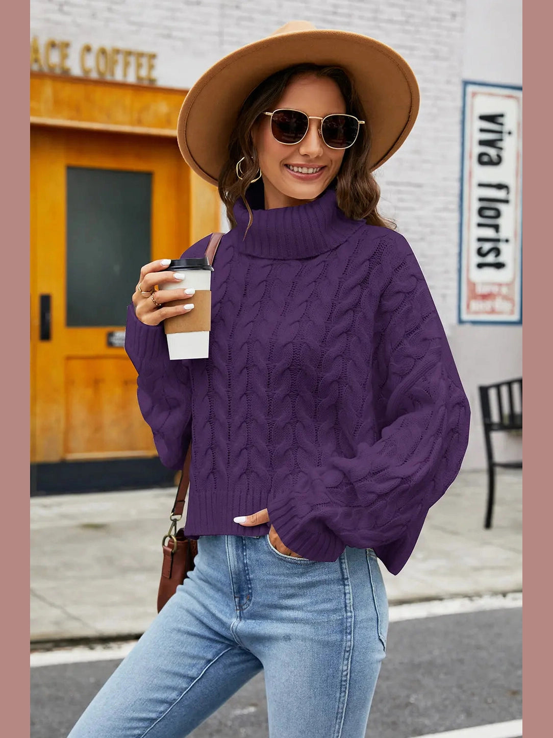 Turtleneck Cable-Knit Long Sleeve Sweater Trendsi