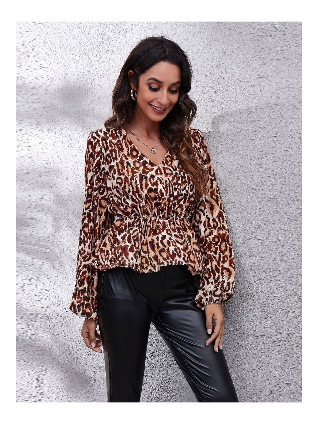 Women Ruched Printed V-Neck Long Sleeve Blouse nicholesgifts