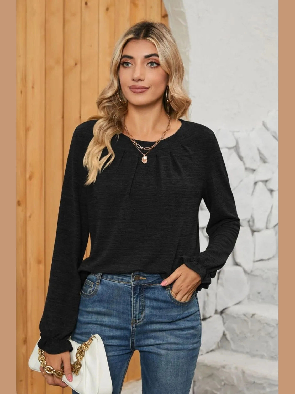 Ruched Round Neck Flounce Sleeve T-Shirt NicholesGifts