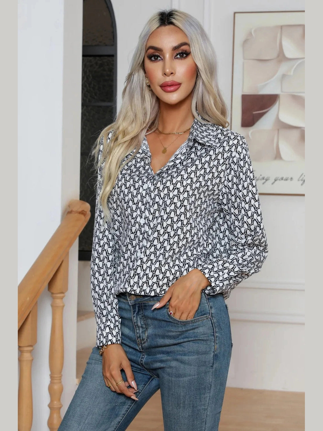 Printed Buttoned Long Sleeve Shirt NicholesGifts