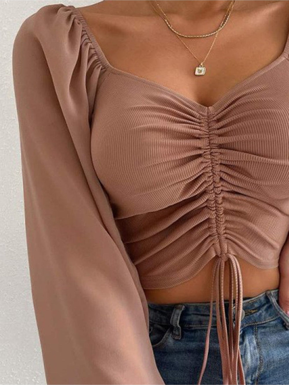 Women Drawstring Sweetheart Neck Cropped Top nicholesgifts