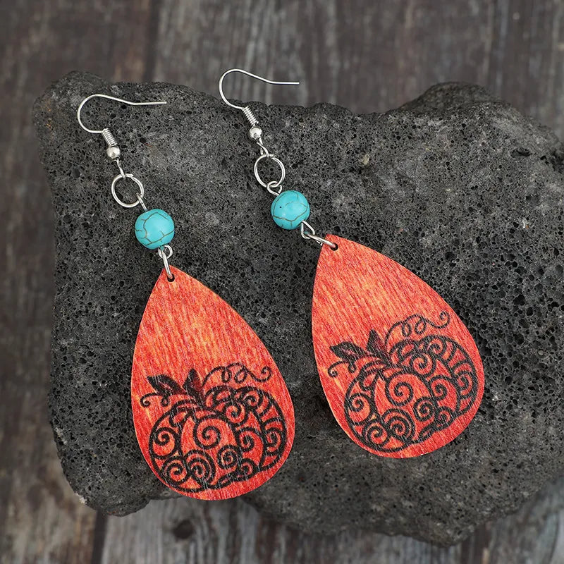 Turquoise Wooden Pumpkin Teardrop Earrings NicholesGifts