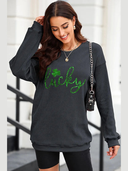 LUCKY Round Neck Dropped Shoulder Sweatshirt nicholesgifts