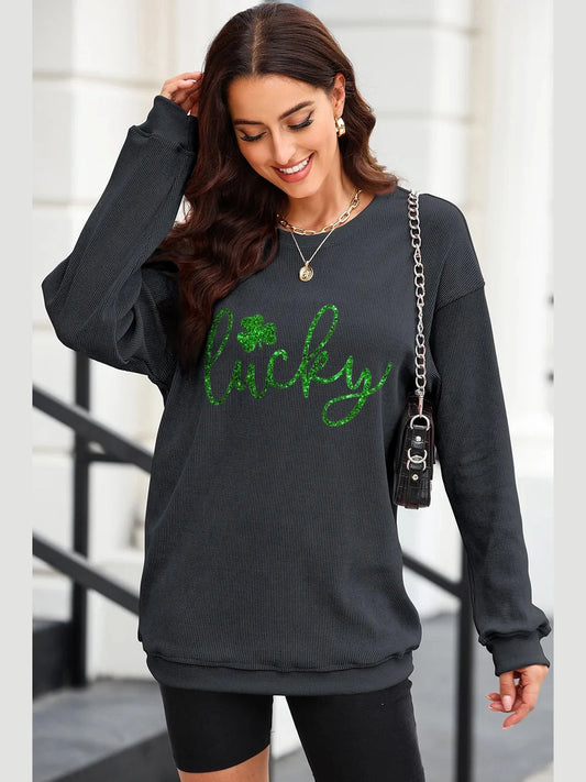 LUCKY Round Neck Dropped Shoulder Sweatshirt Trendsi