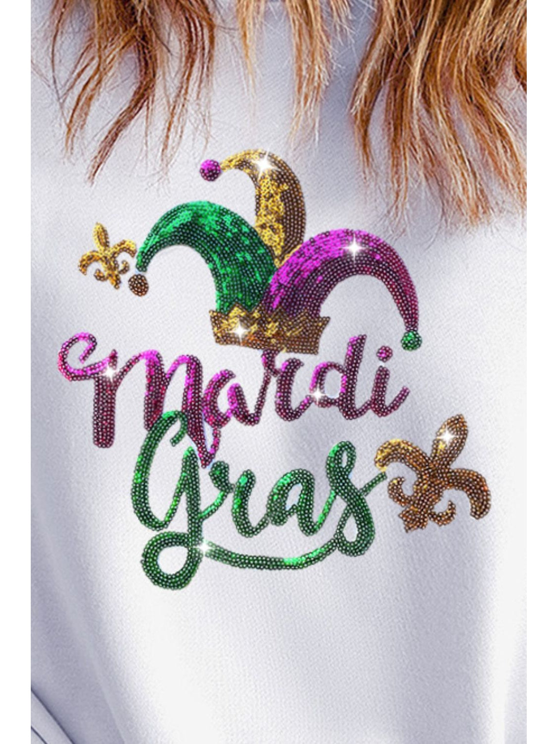 Women Mardi Gras Sequin Round Neck Sweatshirt nicholesgifts