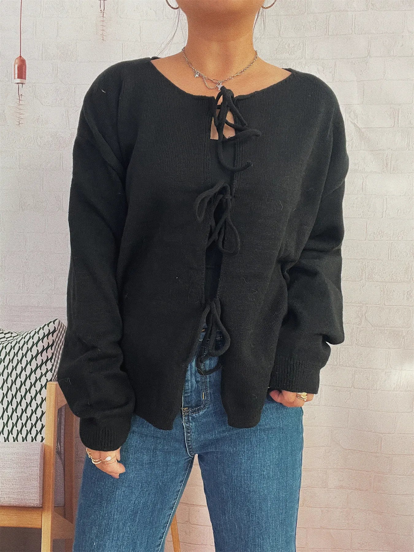Tie Front Drop Shoulder Cardigan Trendsi