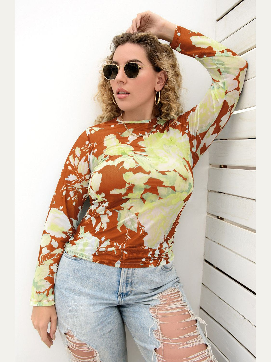 Plus Size Printed Round Neck Long Sleeve Blouse NicholesGifts