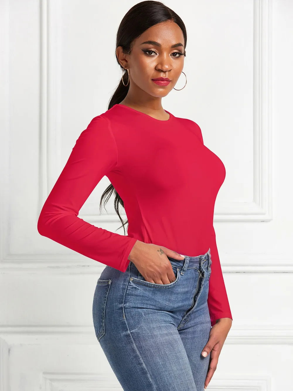 Round Neck Long Sleeve Bodysuit nicholesgifts