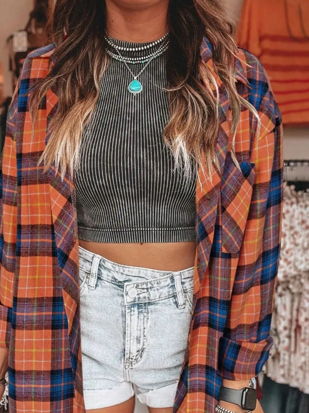 Plaid Collared Neck Long Sleeve Shirt Trendsi