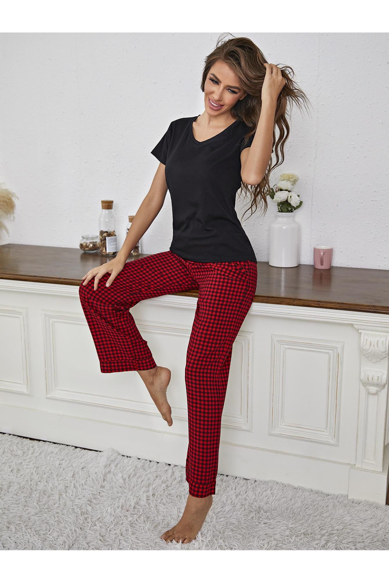 Women V-Neck Top and Gingham Pants Lounge Set nicholesgifts