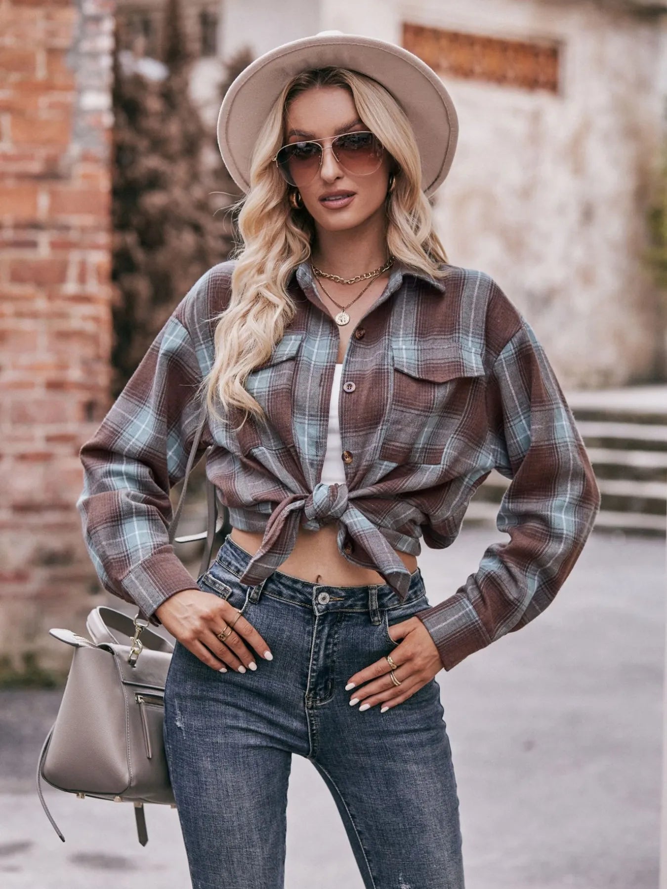 Plaid Button-Down Long Sleeve Shirt Trendsi