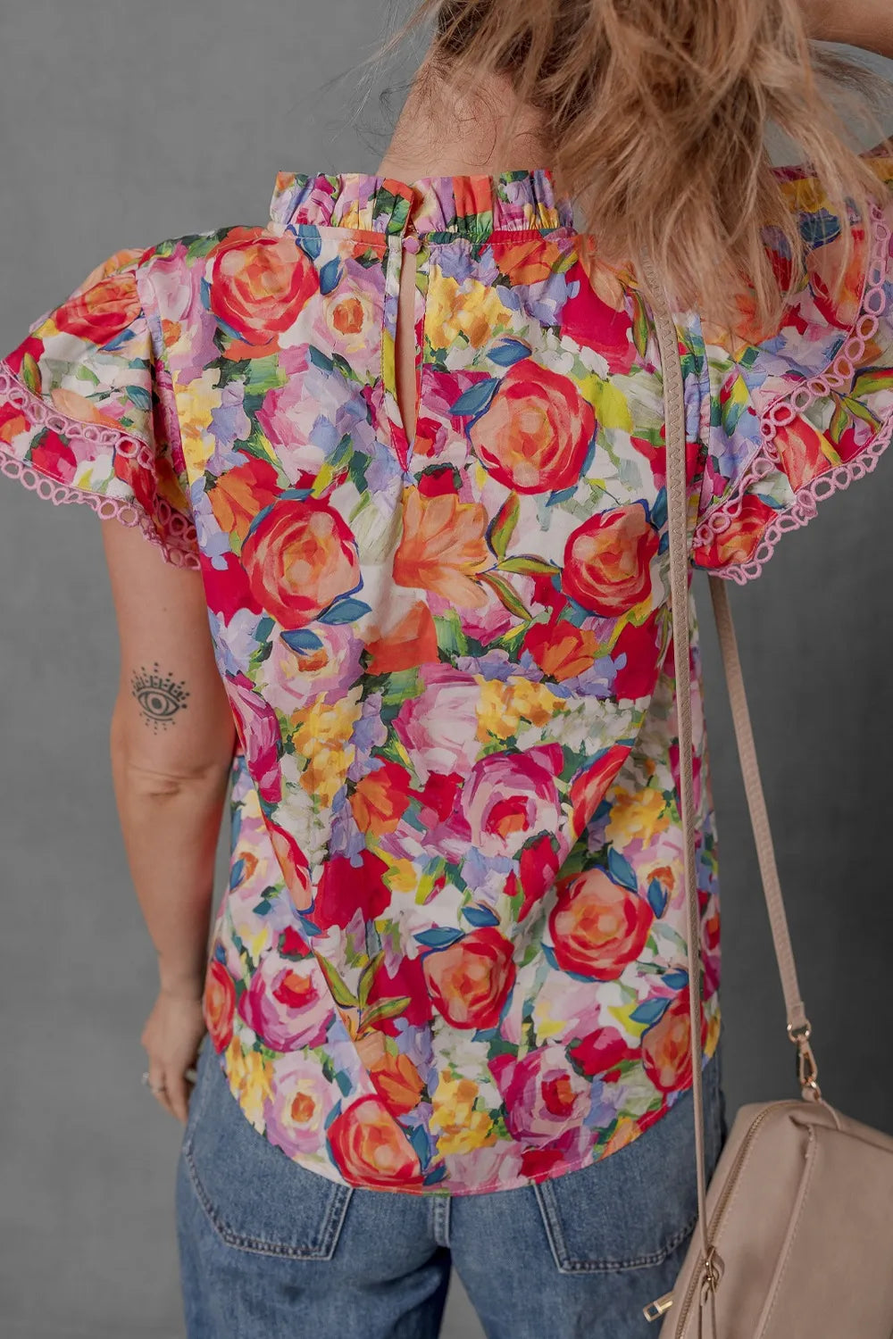 Lace Trim Ruffle Cap Sleeve Floral Blouse Trendsi