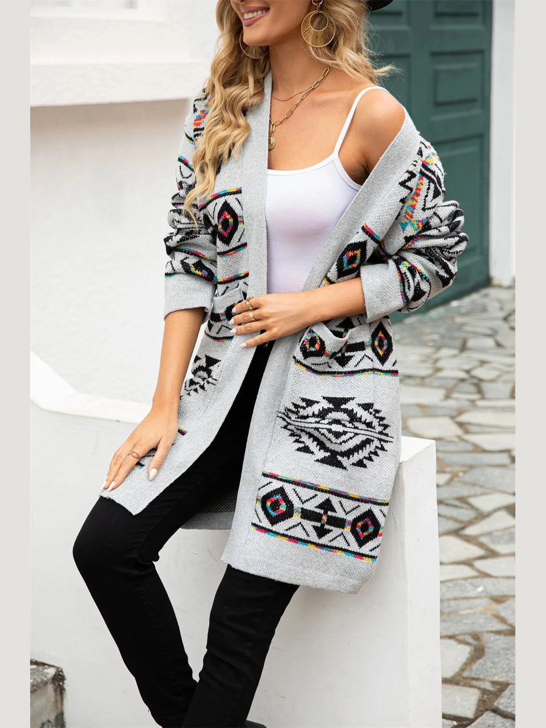 Angel Wings Pocketed Geometric Open Front Dropped Shoulder Cardigan nicholesgifts