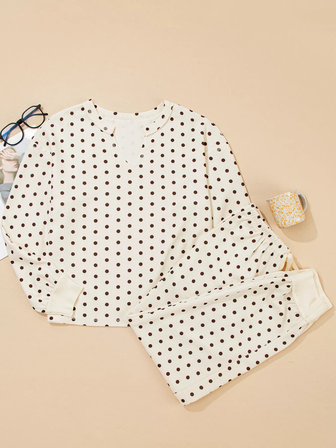Polka Dot Notched Long Sleeve Top and Drawstring Joggers Lounge Set Trendsi