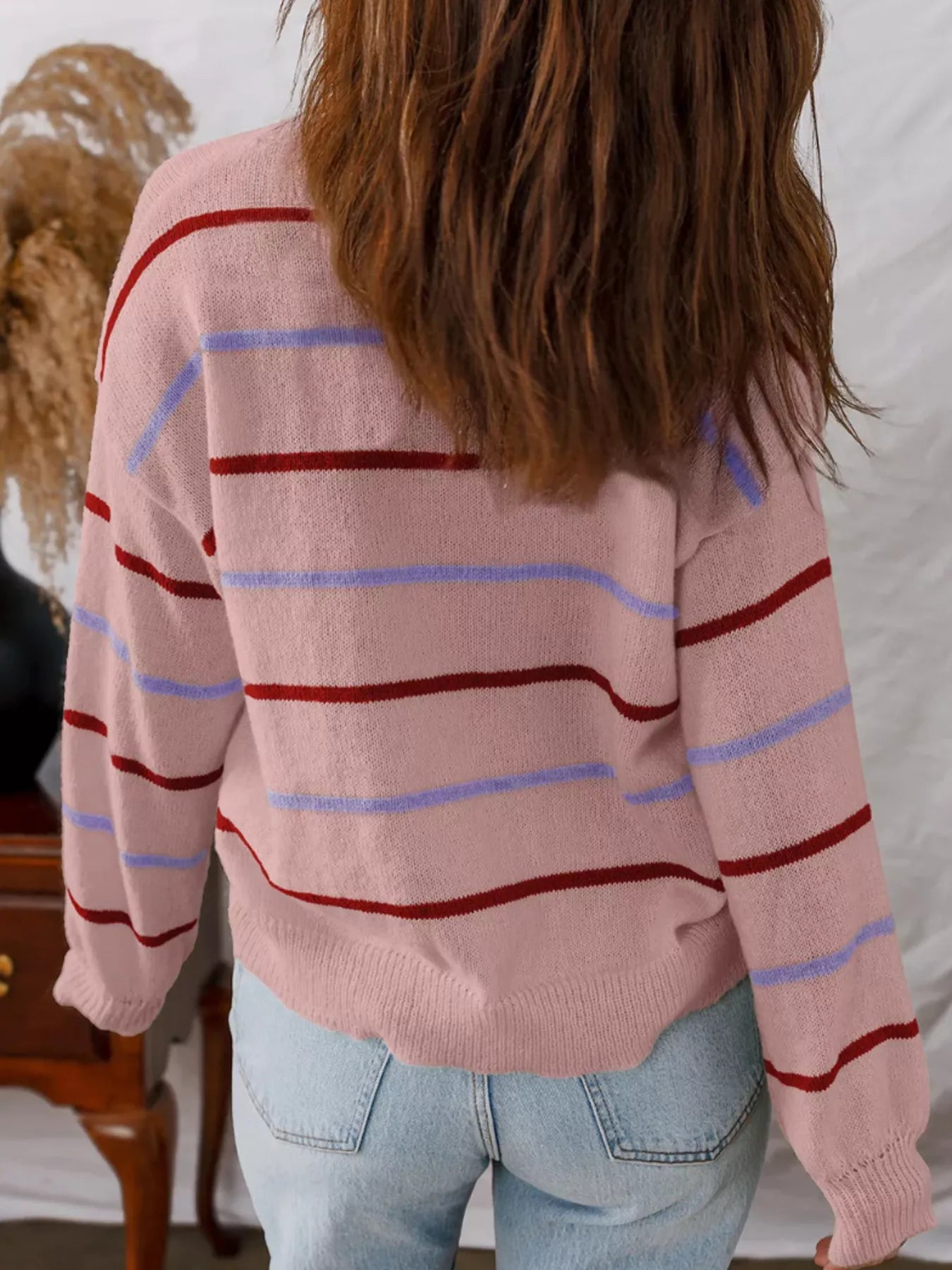 Striped Round Neck Drop Shoulder Sweater NicholesGifts