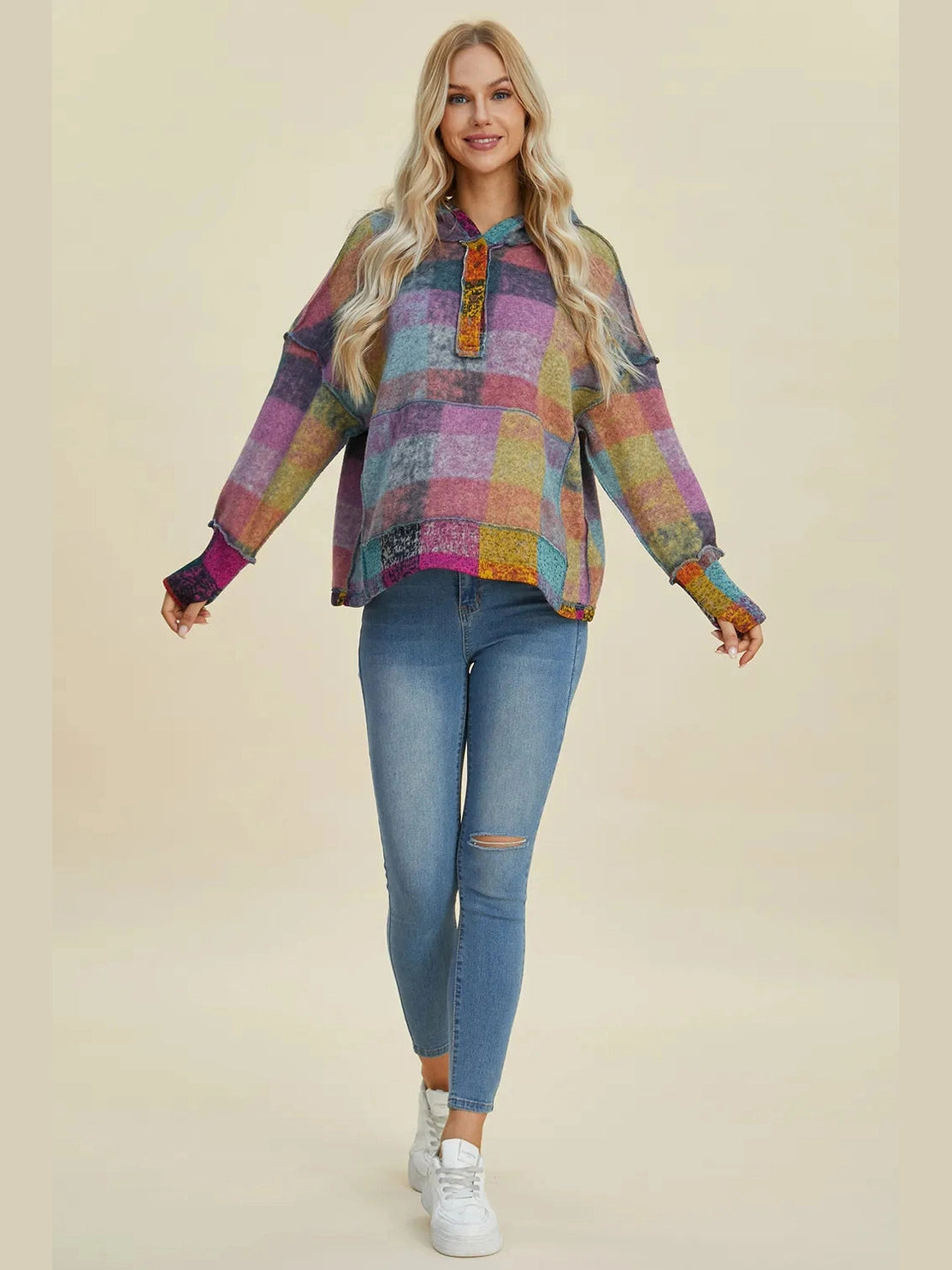 Double Take Full Size Plaid Dropped Shoulder Fleece Hoodie Trendsi