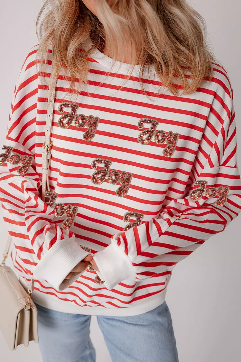 Stripe Sequined Joy Pattern Patchwork Sleeve Round Neck Sweatshirt nicholesgifts