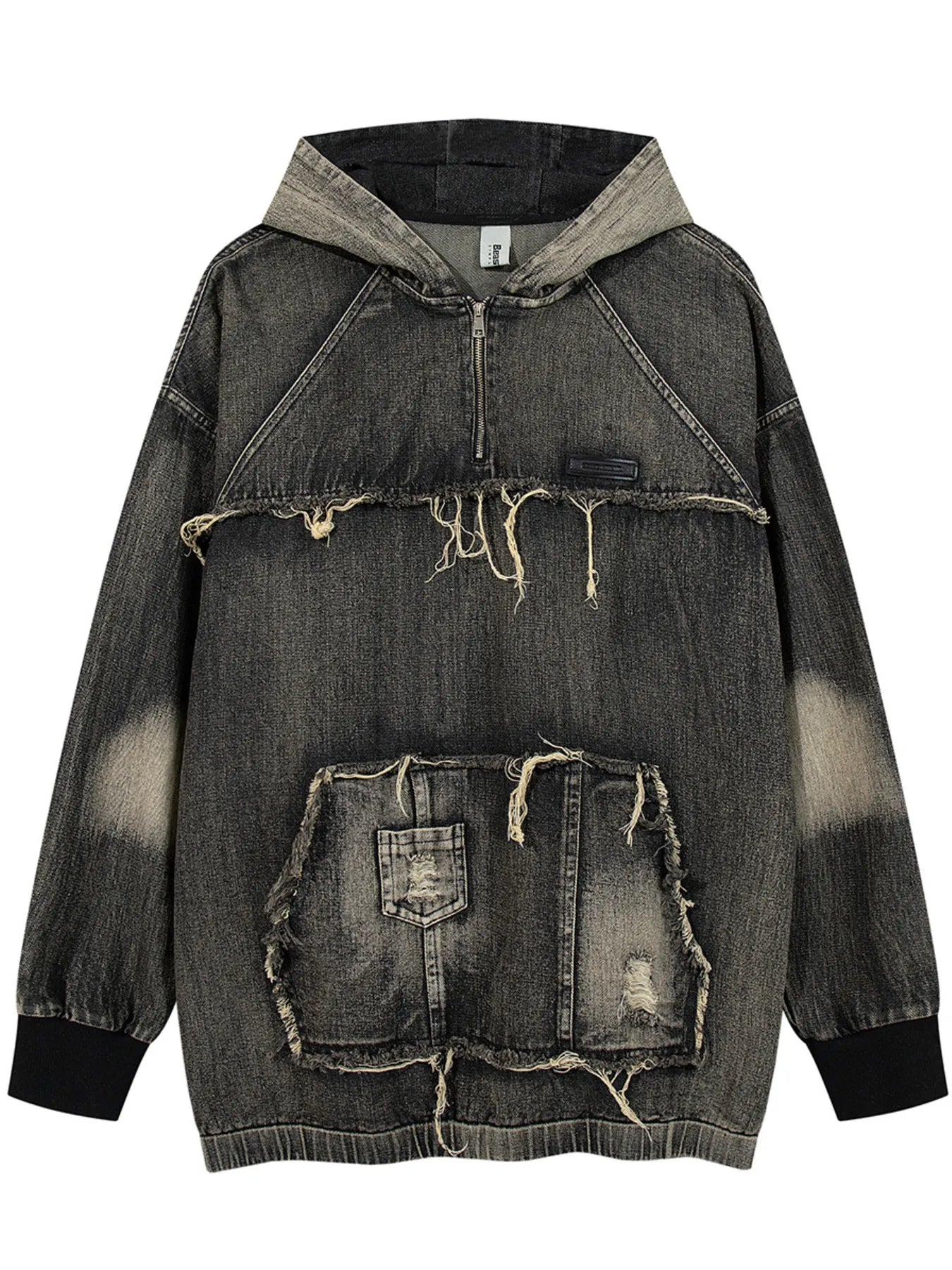 Men's Distressed Denim Patchwork Oversized Hoodie with Frayed Details NicholesGifts