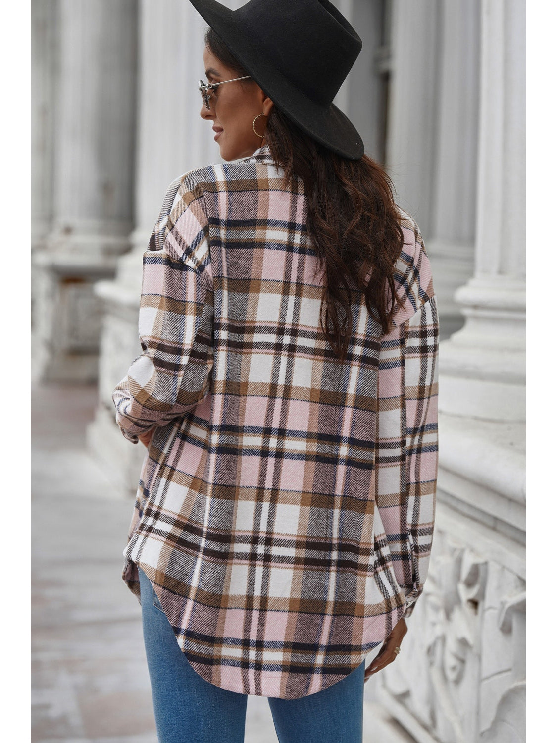 Plaid Curved Hem Dropped Shoulder Longline Shirt Jacket nicholesgifts