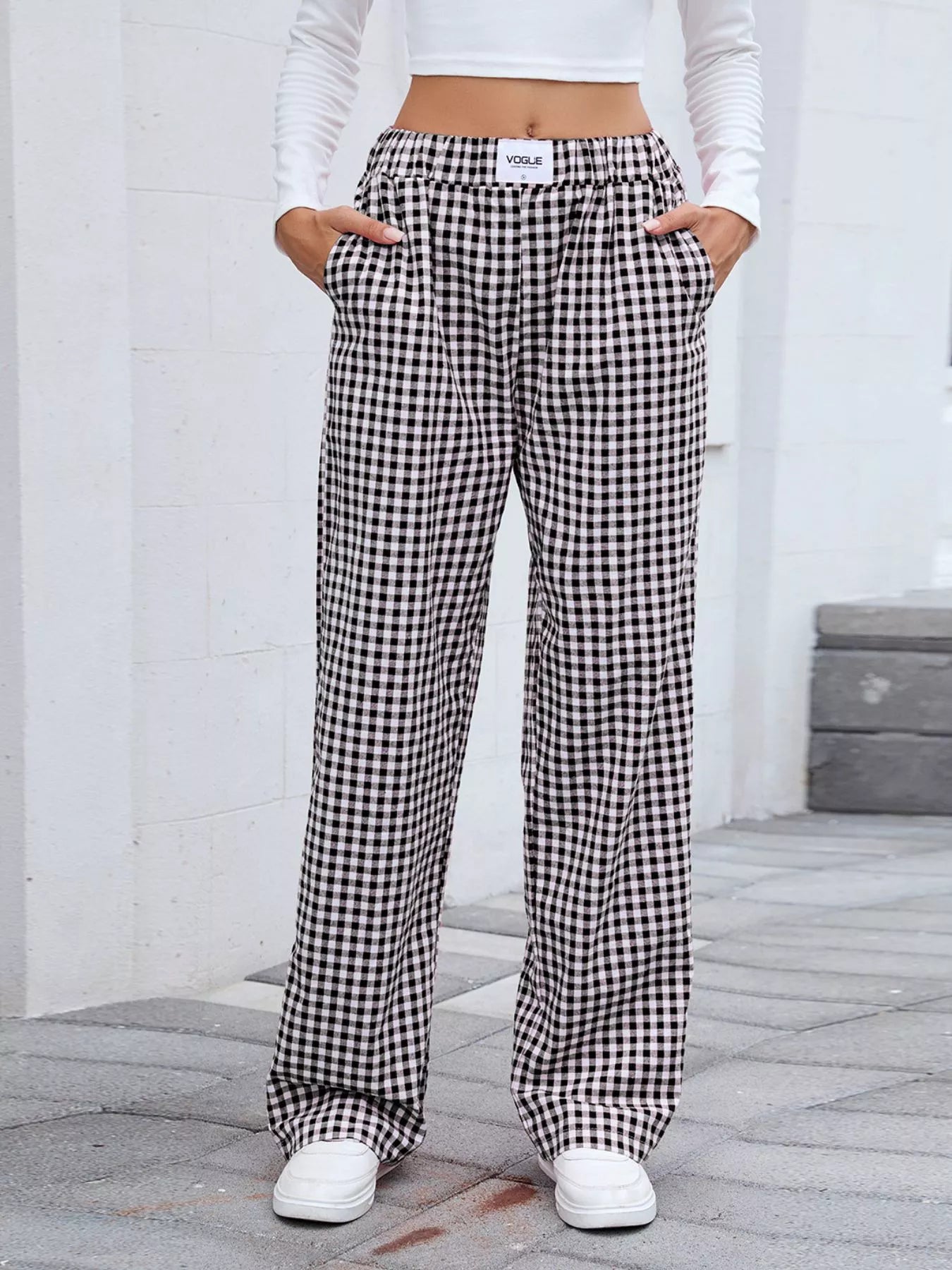 Women Plaid Wide Leg Casual Pants nicholesgifts
