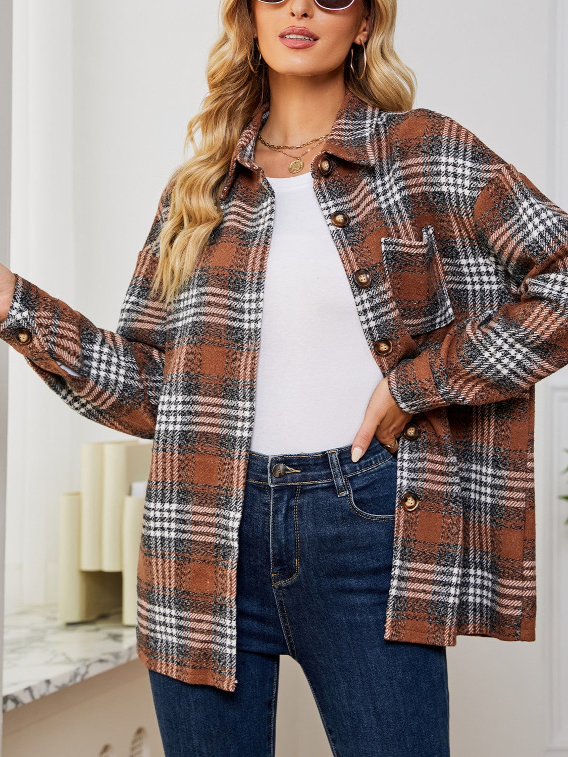 Plaid Collared Shirt Jacket nicholesgifts