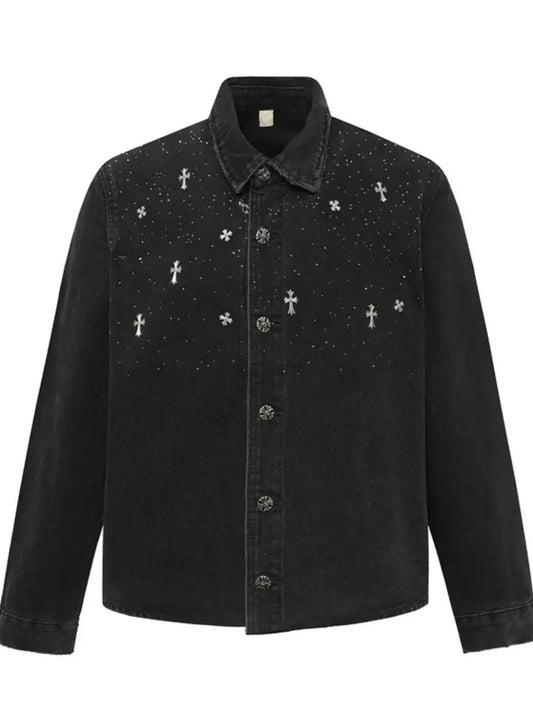 Men's Plus Size Cross Button Up Long Sleeve Denim Jacket Trendsi