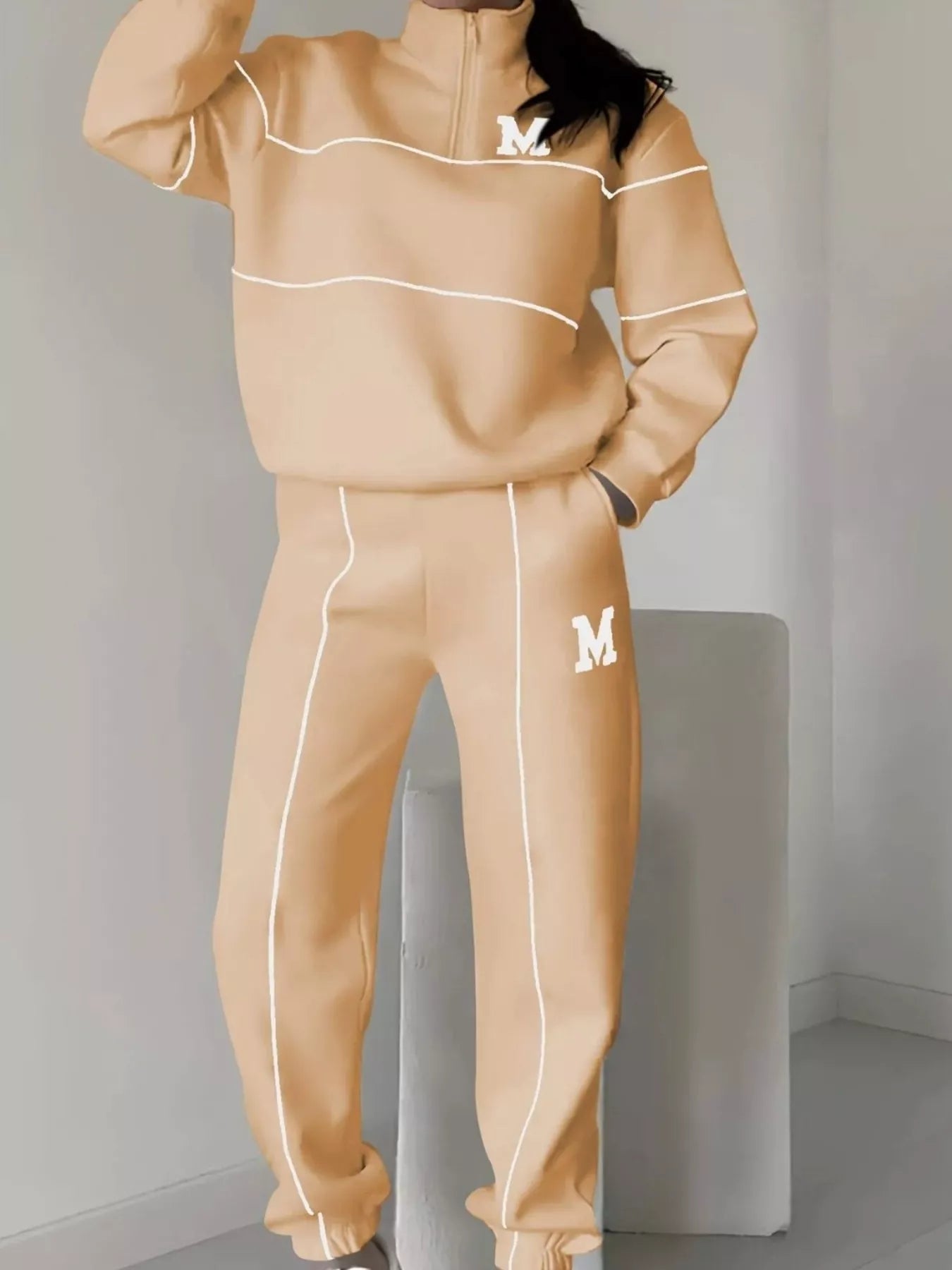 Full Size Striped Quarter Zip Top and Pants Set Plus Size nicholesgifts