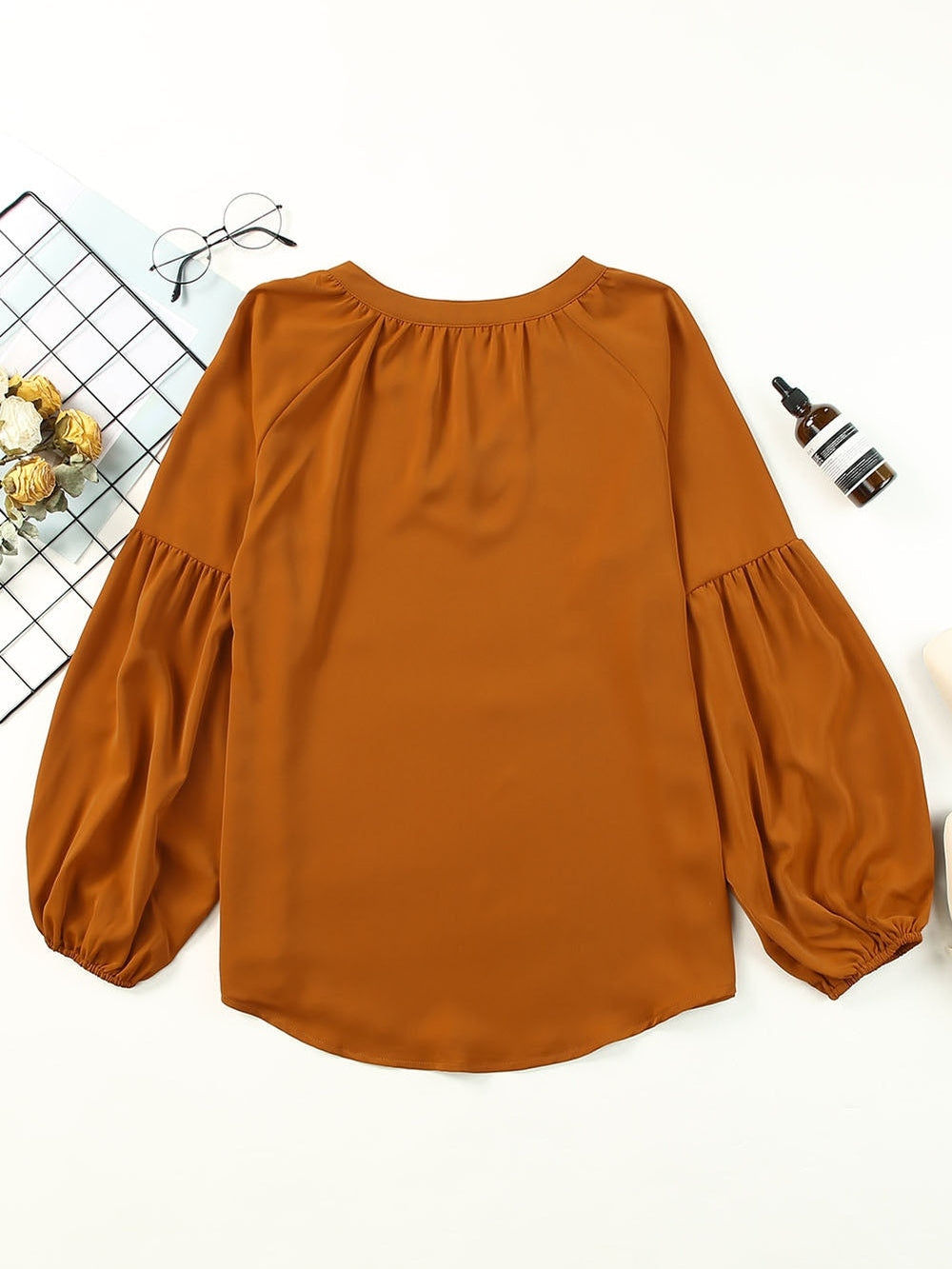 Women Ruched Notched Balloon Sleeve Blouse nicholesgifts