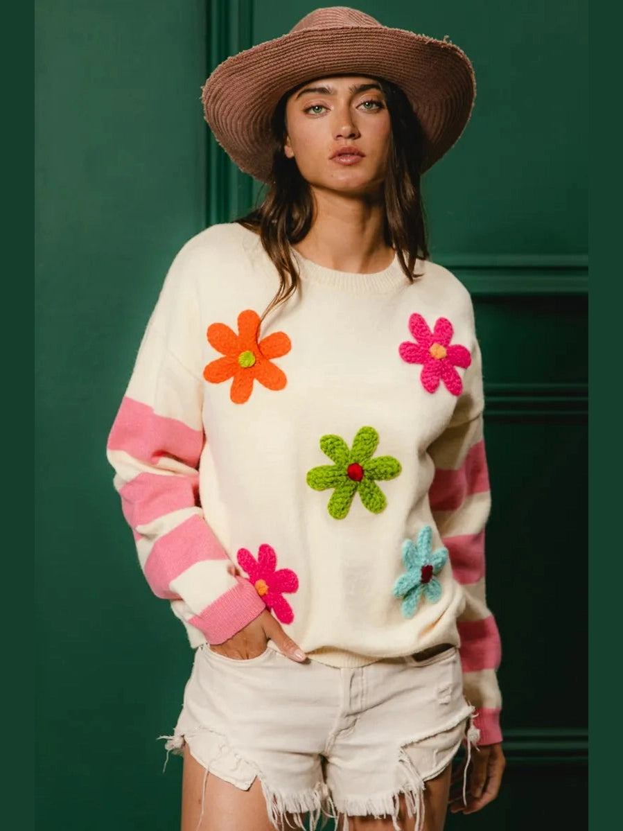 BiBi Colorful Floral Patched Sweater with Striped Sleeve Trendsi