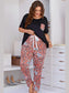 Plus Size Contrast Round Neck Tee and Floral Pants Lounge Set nicholesgifts