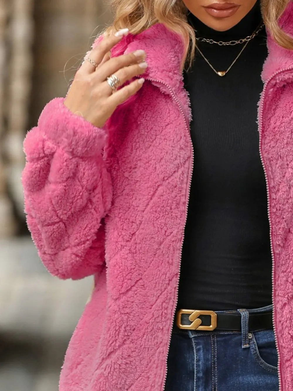 Fuzzy Pocketed Zip Up Jacket nicholesgifts