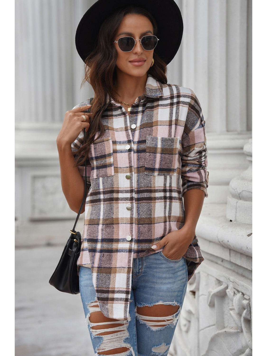 Plaid Curved Hem Dropped Shoulder Longline Shirt Jacket nicholesgifts