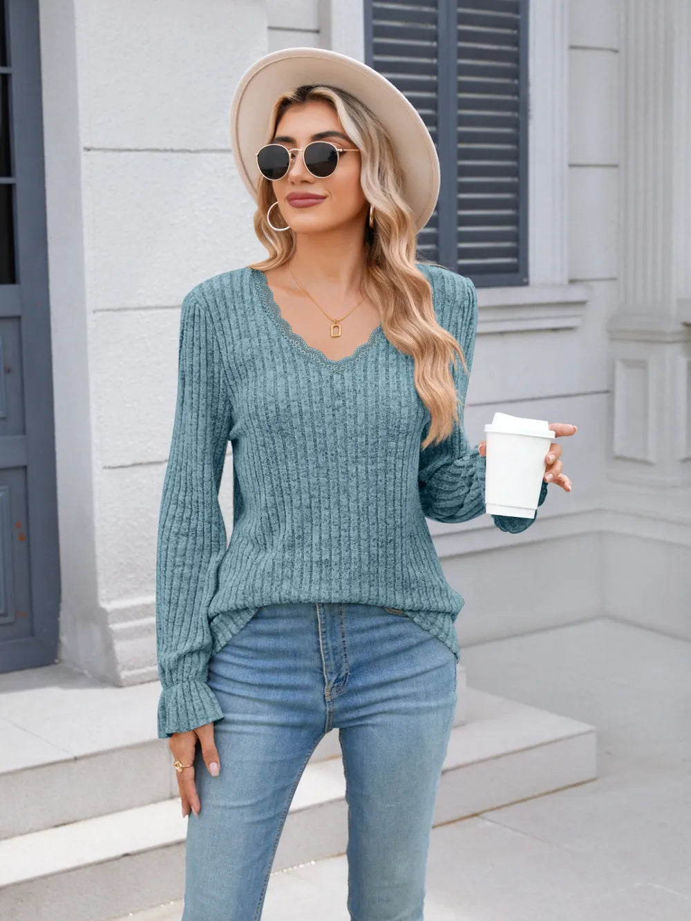 Lace Detail V-Neck Long Sleeve T-Shirt NicholesGifts